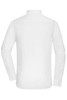 A white men's shirt featuring long sleeves and a standard collar, with a branding logo on the back.