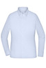 A white long-sleeved ladies shirt featuring a collared design and button front, accompanied by a logo.