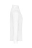 A white ladies shirt with a high collar and long sleeves displayed from the side. Features a logo.