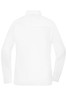 A white ladies shirt featuring long sleeves and a collared design, with a logo on the back.
