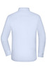 A white button-up shirt with long sleeves and a collar, featuring a logo on the back.