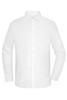 A white button-up shirt with long sleeves and a collared neckline, featuring a subtle logo.