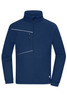 A navy fleece jacket featuring a zip-up front, high collar, and a zippered chest pocket. It has a logo on the side.