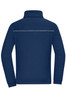 A navy fleece jacket with a high collar and a reflective stripe across the back. It features a logo on the garment.