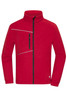 A red fleece jacket with a corduroy look features a zippered chest pocket and a high collar. It includes a logo.