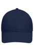 A navy blue 6 panel cap made of bio cotton, featuring a logo on the front.