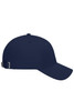 A navy blue 6 Panel Cap made from bio cotton, featuring a logo and an adjustable strap at the back.