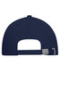 A navy blue six-panel cap made of bio cotton, featuring a metal buckle and a logo on the back.
