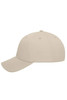 A beige 6-panel cap made from bio cotton, featuring a curved brim and ventilation holes. It has a logo on the side.
