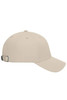 A beige 6-panel cap made from bio cotton with a logo and an adjustable strap at the back.