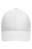 A white six-panel cap made from bio cotton, featuring stitching details and a logo on the front.