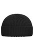 A black knitted beanie with a ribbed texture and a folded cuff. It features a brand logo.