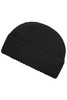 A black fisherman beanie with a textured knit pattern and a snug fit. It features a logo.