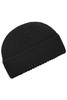 A black knitted beanie with a ribbed texture and a folded cuff, featuring a logo.