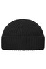 A black Fisherman Beanie with a ribbed texture and a folded cuff, featuring a logo on the side.