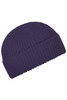 A purple Fisherman Beanie with a ribbed knit design, featuring a fold-up cuff. It has a logo on the side.