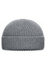 A grey knitted beanie with a ribbed texture and a turned-up cuff. It features a small logo.