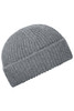 A grey beanie with a ribbed texture, featuring a fold-up brim and a logo.
