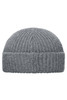 A grey ribbed beanie featuring a fold-over cuff and a logo.