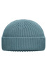 A blue knitted beanie with a ribbed texture and a folded cuff. It features a logo on the side.