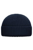 A navy blue knitted beanie with a folded cuff and a textured design. It includes a logo on the side.