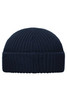 A navy blue knitted beanie with a ribbed texture and folded brim. Features a logo on the side.