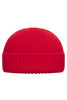 A red knitted beanie featuring a ribbed design and a fold-up cuff. It has a logo on the front.