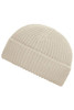 A cream-coloured beanie with a ribbed texture and a folded cuff. It features a logo.