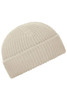 A light cream Fisherman Beanie with a ribbed texture, featuring a folded hem and a subtle logo.