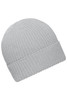 A light grey knitted winter beanie with a folded cuff and a subtle texture, featuring a logo.