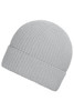 A grey knitted beanie with a rolled cuff, featuring a branding logo. 