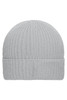 A light grey ribbed beanie with a folded cuff, featuring a logo on the side.