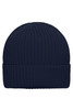 A navy blue knitted winter beanie with a ribbed texture and a folded hem, featuring a logo.