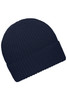 A navy blue ribbed knit beanie featuring a logo on the band.