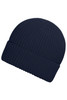 A navy blue winter beanie with a ribbed texture and a folded cuff. It features a logo.