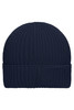 A navy blue knitted beanie with a folded cuff and a logo on the side.