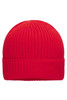 A red knit winter beanie featuring a ribbed design and a folded cuff. It has a logo on the side.