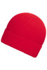 A red knitted winter beanie with a ribbed texture and a folded cuff, featuring a logo.