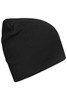 A black beanie made from bio cotton, featuring a snug, casual fit and a simple design.