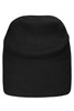 A black beanie made of bio cotton with a ribbed texture and a branding logo.