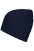 A navy blue casual beanie made from bio cotton, featuring a simple design and a logo.