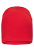 A red casual beanie made from bio cotton, featuring a simple design and a logo.