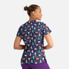 A women's V-neck top featuring a colourful print of various cats and dogs on a navy background. Includes a logo.