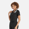 A black banded V-neck top designed for women, featuring a logo and styled with a stethoscope.