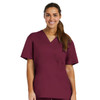 A unisex tuckable V-neck top in burgundy, featuring short sleeves and a pocket, with a branding logo.