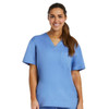 A smiling model wears a blue unisex tuckable V-neck top with short sleeves and a pocket. The design features a logo.