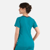 A women's teal double v-neck top featuring a contrasting neckline and short sleeves, displayed from the back.