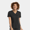 A black V-neck top for women with short sleeves and a relaxed fit, featuring a logo on it.