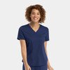 A navy blue women's V-neck top with a relaxed fit, featuring short sleeves and a tuckable design.