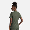A green notched crew neck top for women, featuring a fitted design and a logo on the back.
